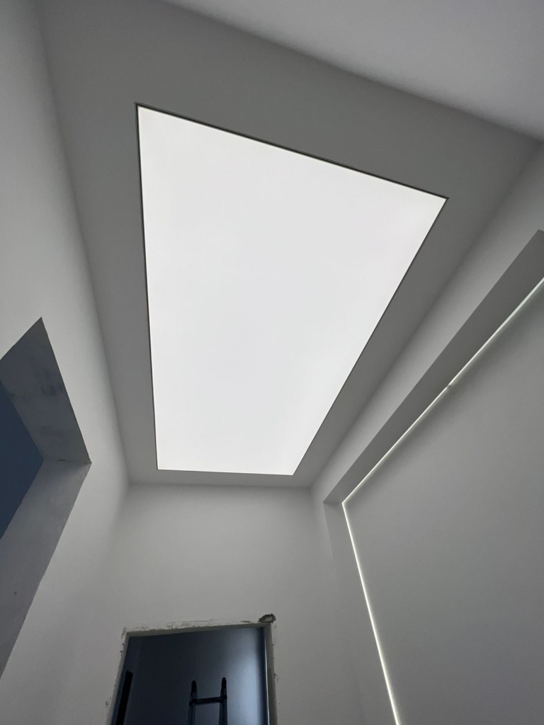 Organic-shaped luminous ceiling with seamless LED illumination, designed for a luxury commercial interior. Organic-shaped luminous ceiling with seamless LED illumination, designed for a luxury commercial interior.