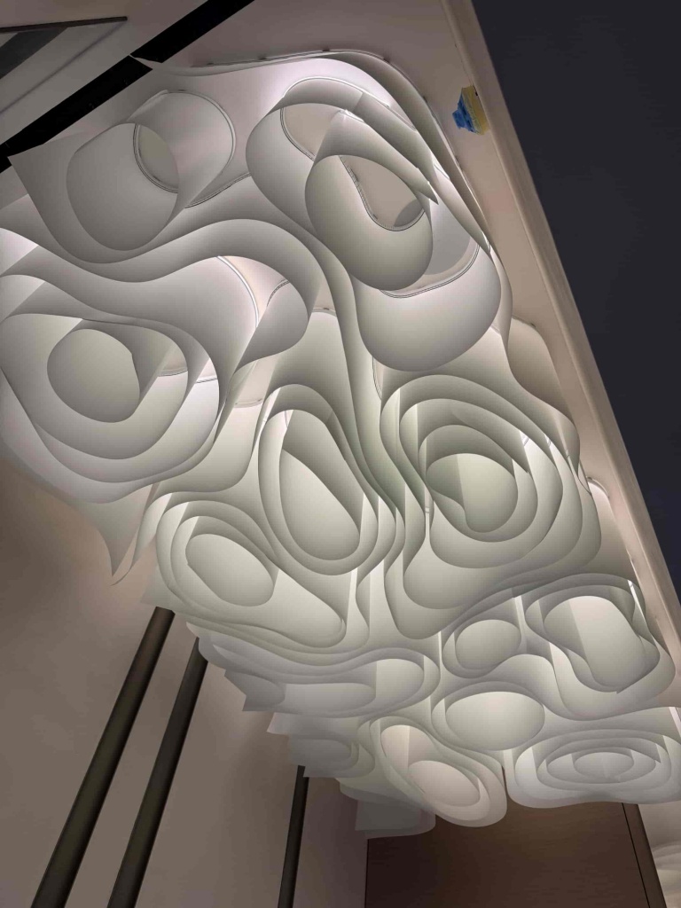 Bespoke architectural fabric ceiling with custom-engineered organic forms designed exclusively for a contemporary luxury villa in Dubai. Bespoke architectural fabric ceiling with custom-engineered organic forms designed exclusively for a contemporary luxury villa in Dubai.