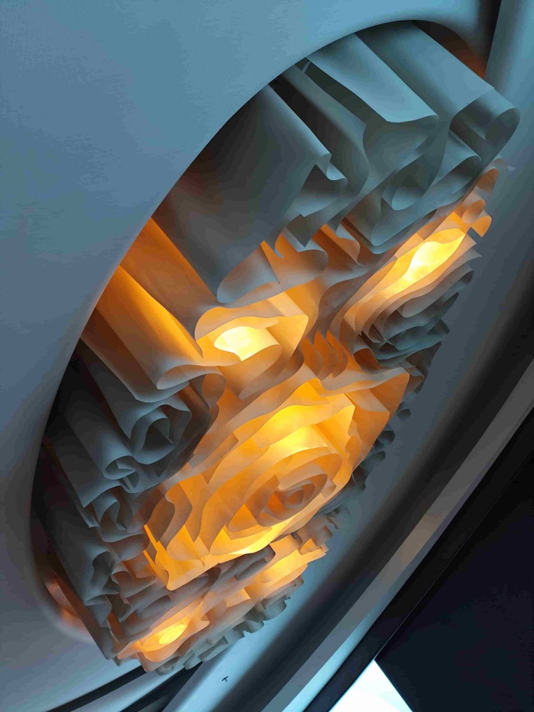 Circular sculptural ceiling with complex organic fabric layers and integrated illumination, creating a bespoke three-dimensional ceiling feature. Circular sculptural ceiling with complex organic fabric layers and integrated illumination, creating a bespoke three-dimensional ceiling feature.