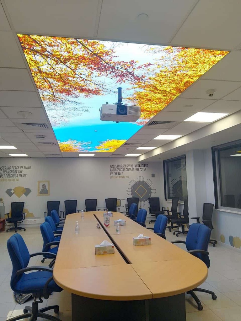 Large printed stretch ceiling featuring autumn trees installed in a corporate meeting room, combining decorative design with integrated LED illumination. Large printed stretch ceiling featuring autumn trees installed in a corporate meeting room, combining decorative design with integrated LED illumination.