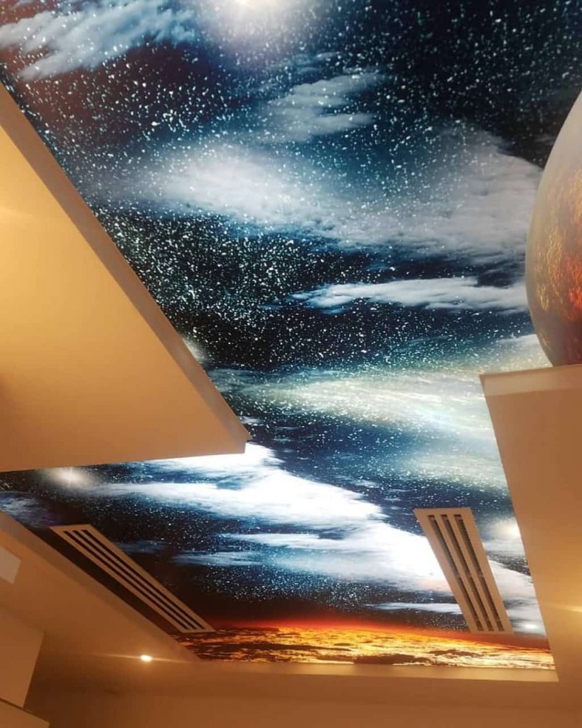 Premium galaxy printed ceiling creating a unique luxury interior with vivid colours and seamless finish. Premium galaxy printed ceiling creating a unique luxury interior with vivid colours and seamless finish.