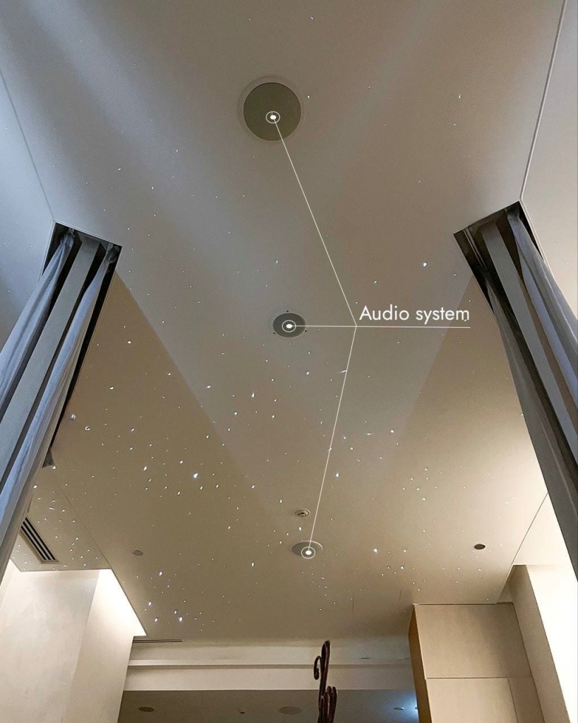 Elegant white stretch ceiling featuring a subtle starry sky effect for a relaxing spa environment. Elegant white stretch ceiling featuring a subtle starry sky effect for a relaxing spa environment.